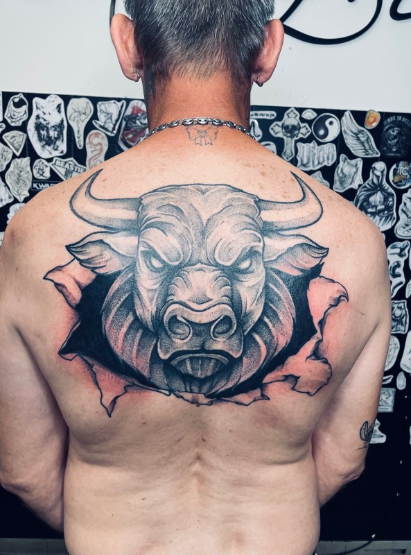 Tatouage Taureau dos homme à Mèze proche Montpellier 